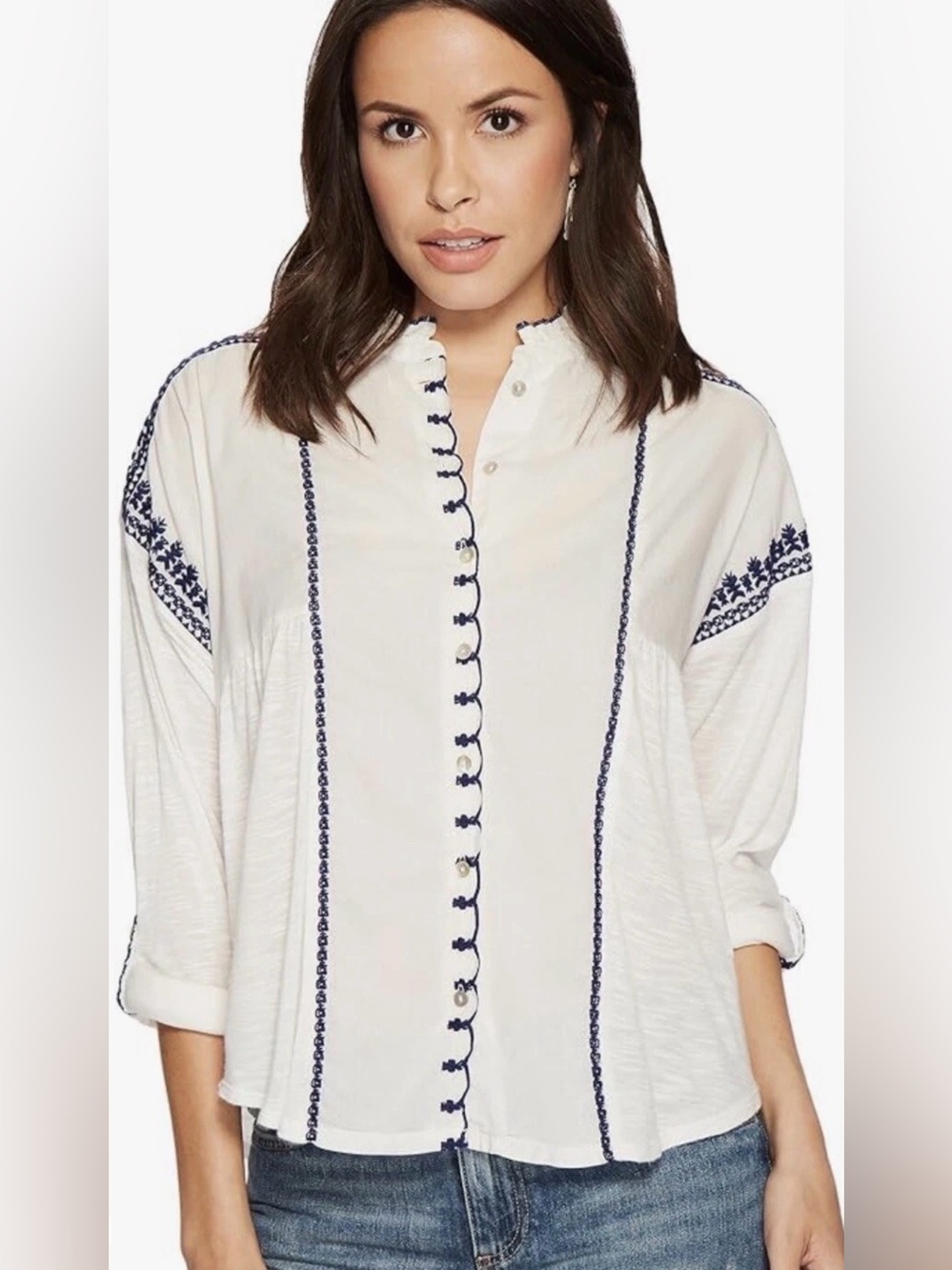 Lucky Brand White Button-Front Blouse with Navy Embroidery Sz 2X